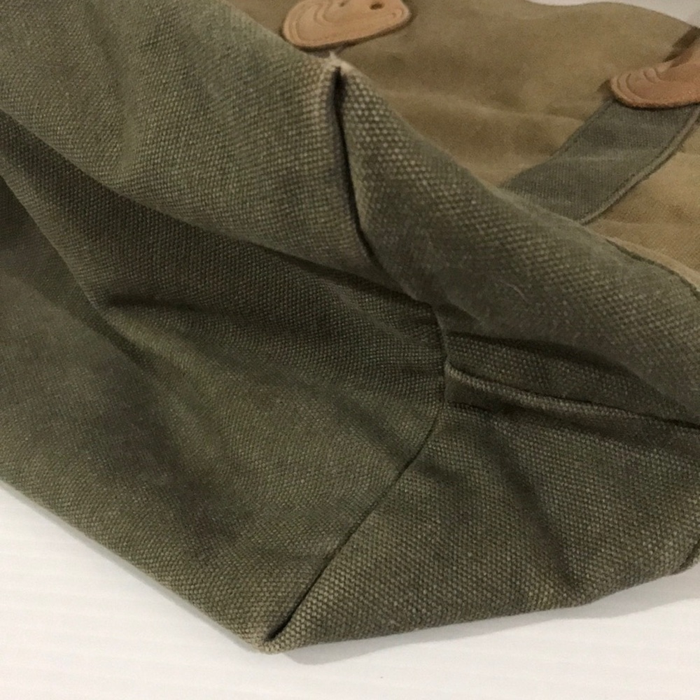 LL Bean Leather Handles Tote Bag Canvas Plaid Lined Brown Green Boat Vintage - Picture 8 of 13
